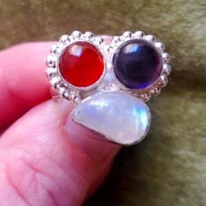 New Rainbow Moonstone, Carnelian & Amethyst 925 Silver Ring.